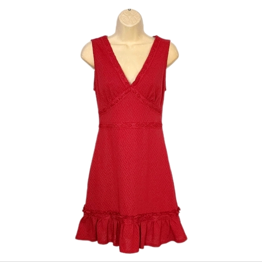 MIAMI Dress Sleeveless V Neck Ruffle Hem Red Size S